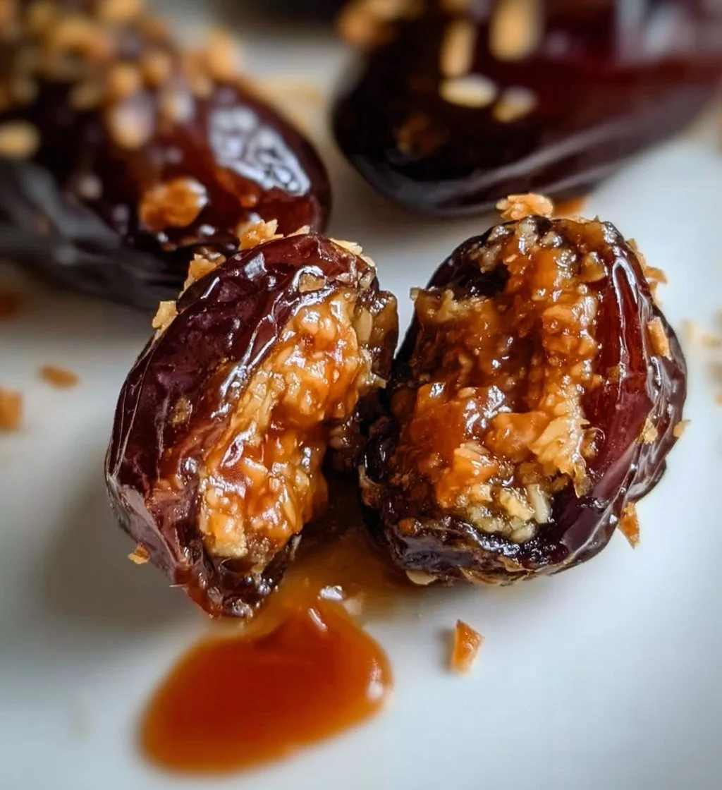 Samoa cookie stuffed dates with coconut and caramel drizzle