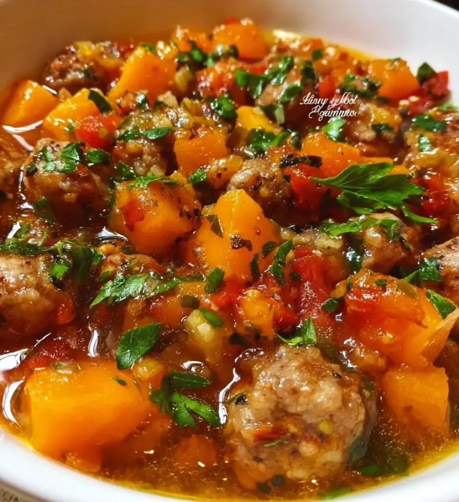 Bowl of Sausage and Sweet Potato Soup garnished with herbs