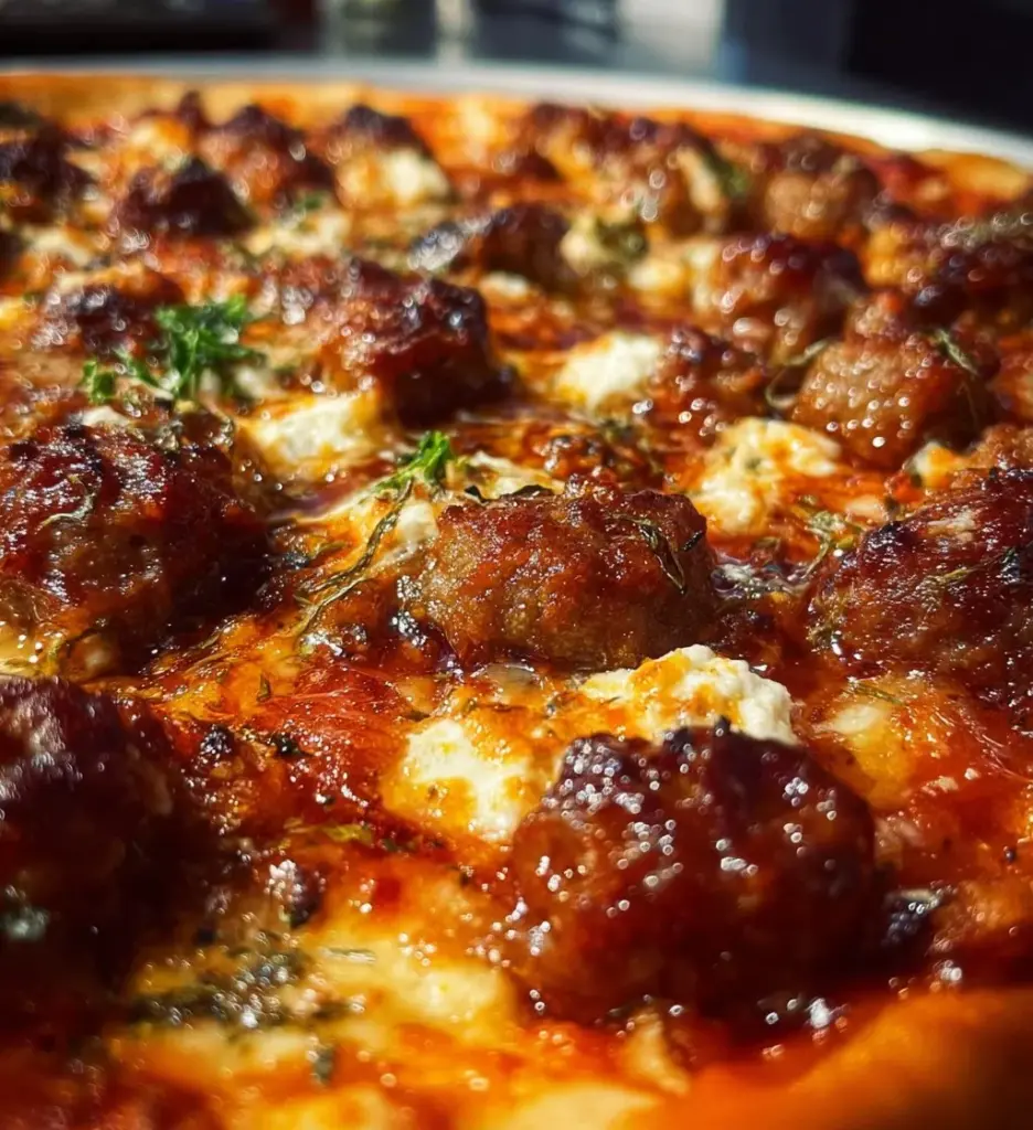 Sausage Ricotta Honey Hot Pizza with melted cheese and fresh toppings