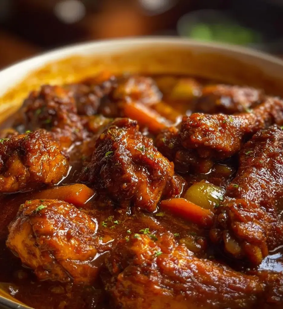 Delicious and savory brown stew chicken served with rice and vegetables