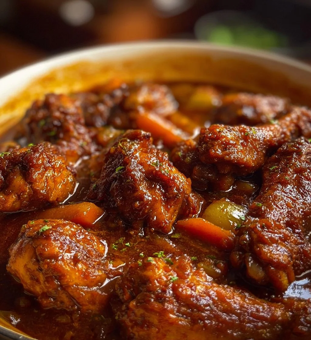 Delicious and savory brown stew chicken served with rice and vegetables