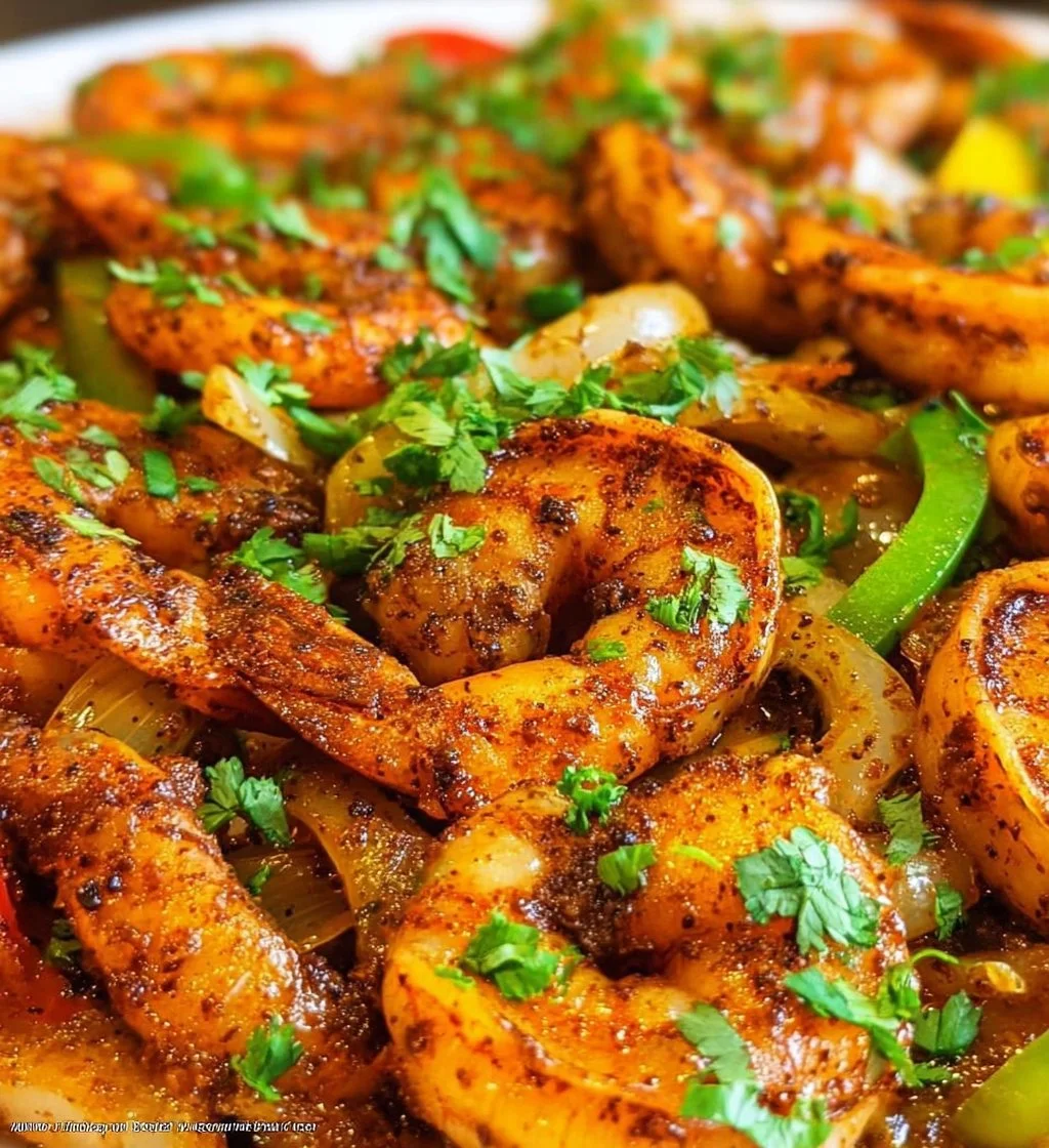 Colorful sheet pan shrimp fajitas with peppers and onions ready to eat