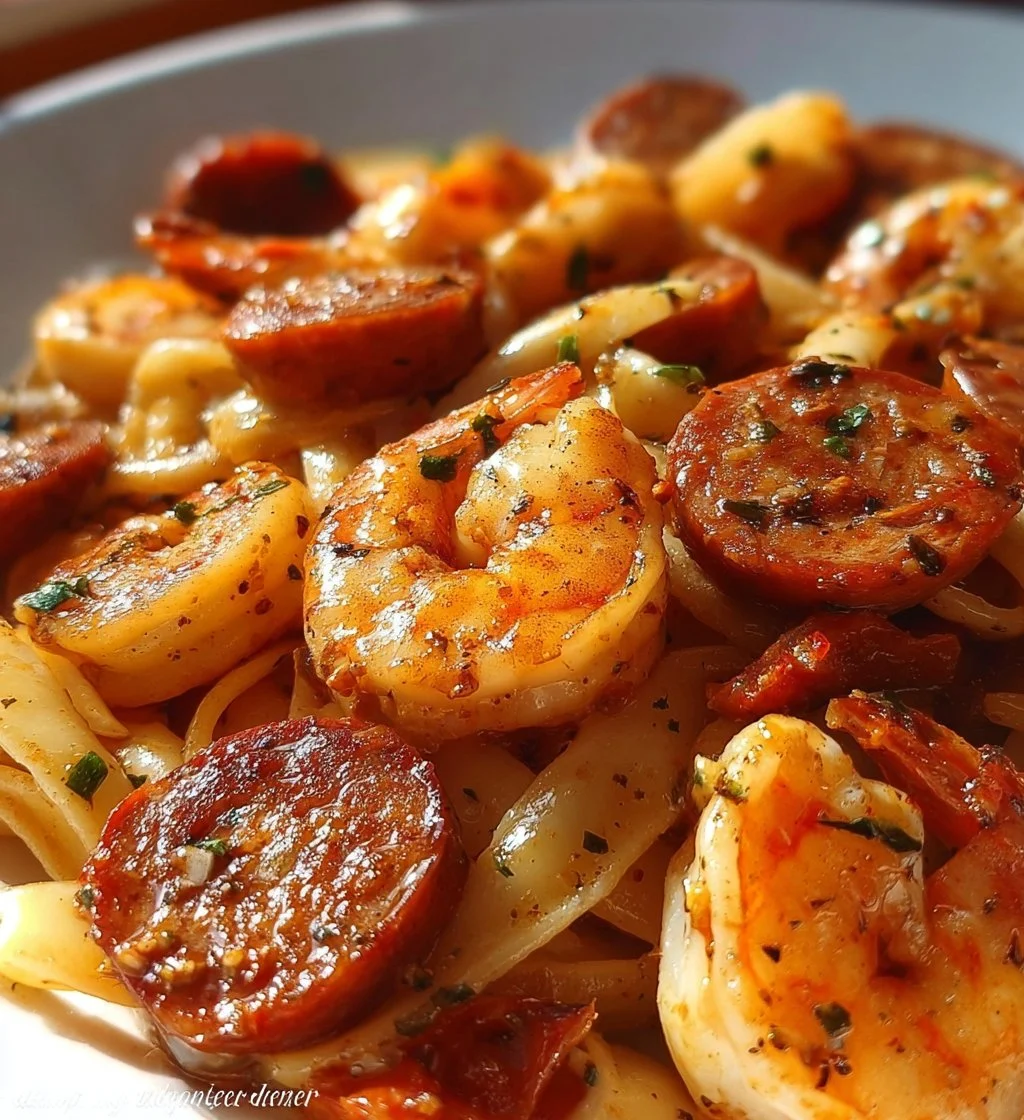 Delicious shrimp and sausage pasta served in a bowl with herbs