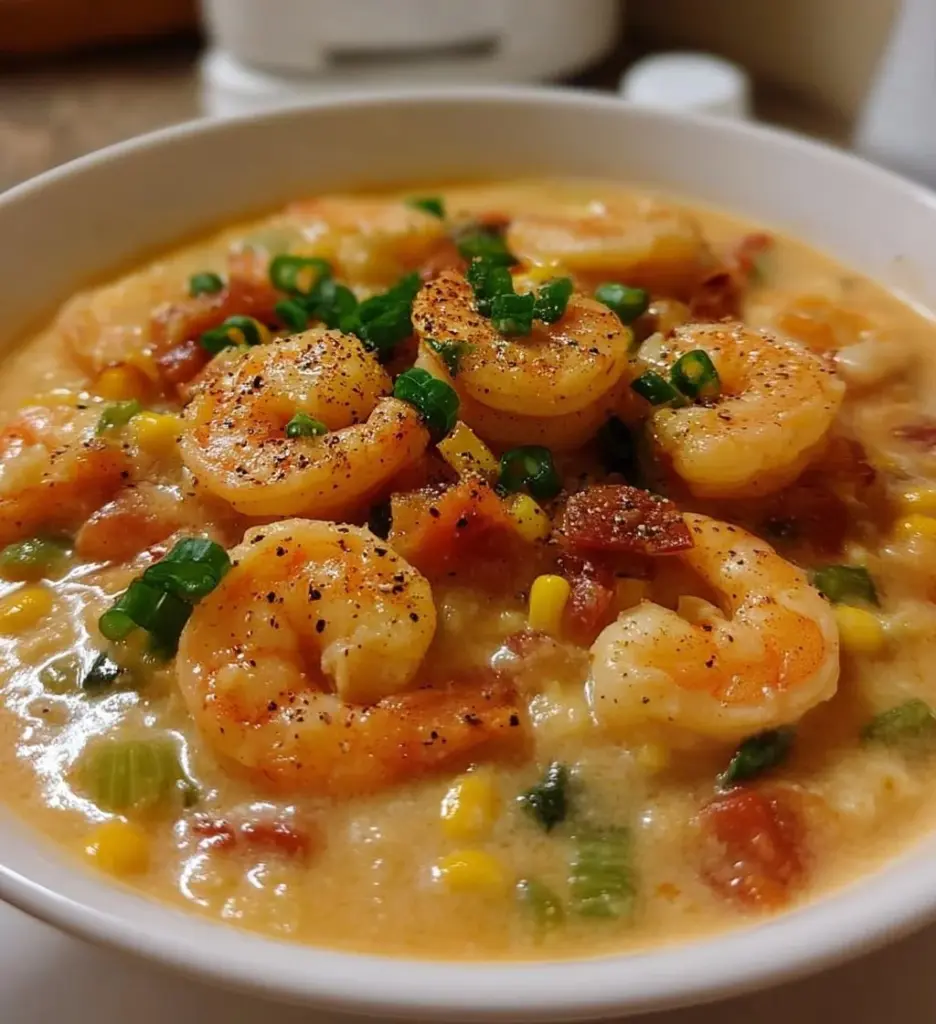 Delicious bowl of shrimp chowder garnished with herbs and spices