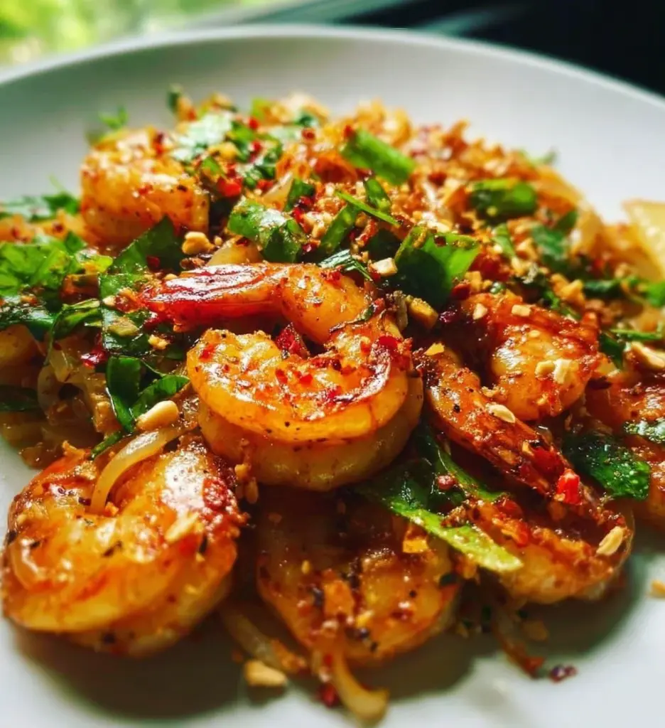 A delicious plate of Shrimp Pad Thai with shrimp, vegetables, and noodles