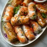 Plate of fresh shrimp spring rolls with dipping sauce