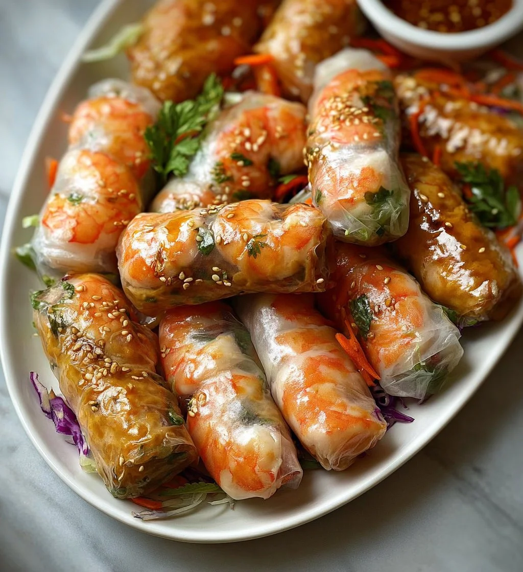 Plate of fresh shrimp spring rolls with dipping sauce