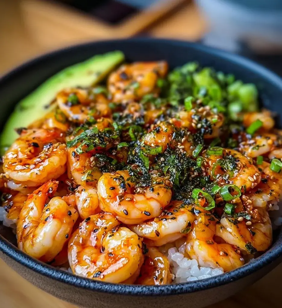 Shrimp Sushi Bowl with fresh shrimp, sushi rice, and colorful toppings