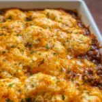 Delicious Sloppy Joe Casserole topped with Cheddar Bay biscuits in a baking dish.