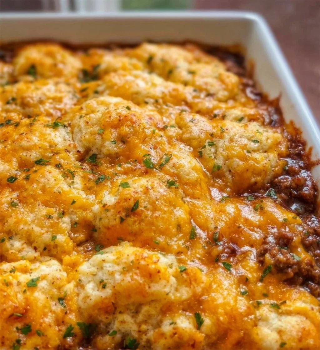 Delicious Sloppy Joe Casserole topped with Cheddar Bay biscuits in a baking dish.