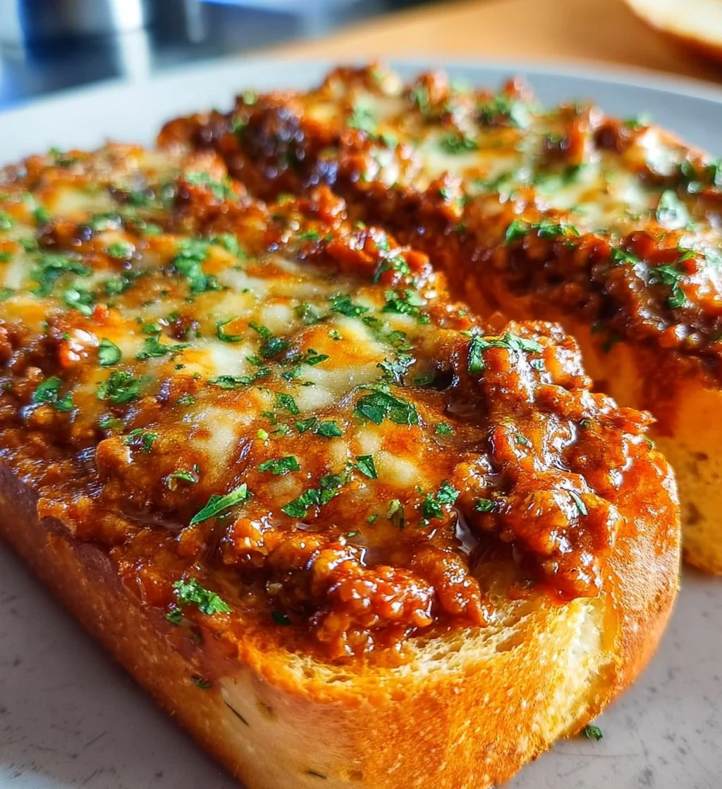 Delicious Sloppy Joe Garlic Bread topped with melted cheese and herbs