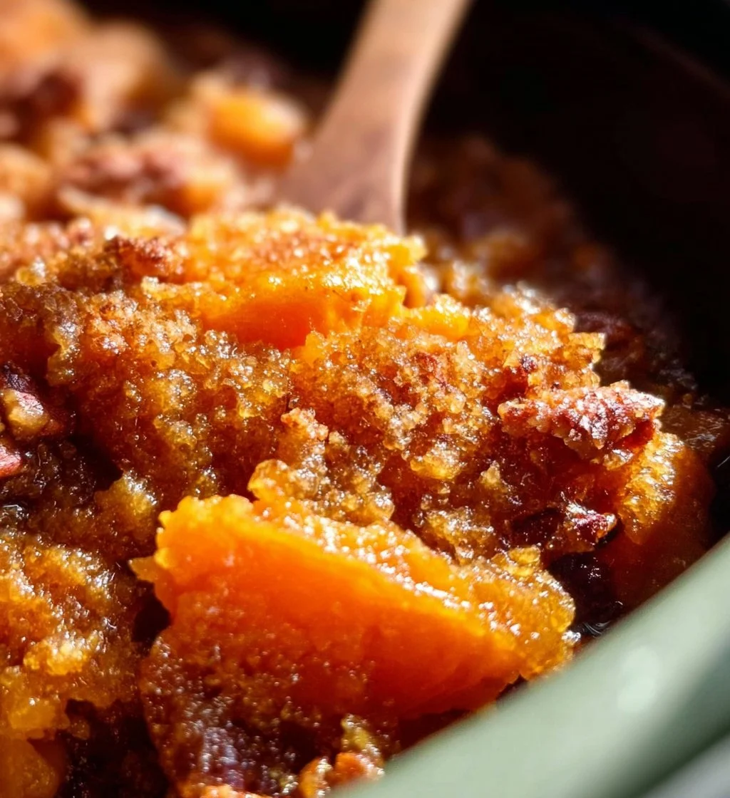 Slow Cooker Sweet Potato Casserole served in a bowl with toppings.