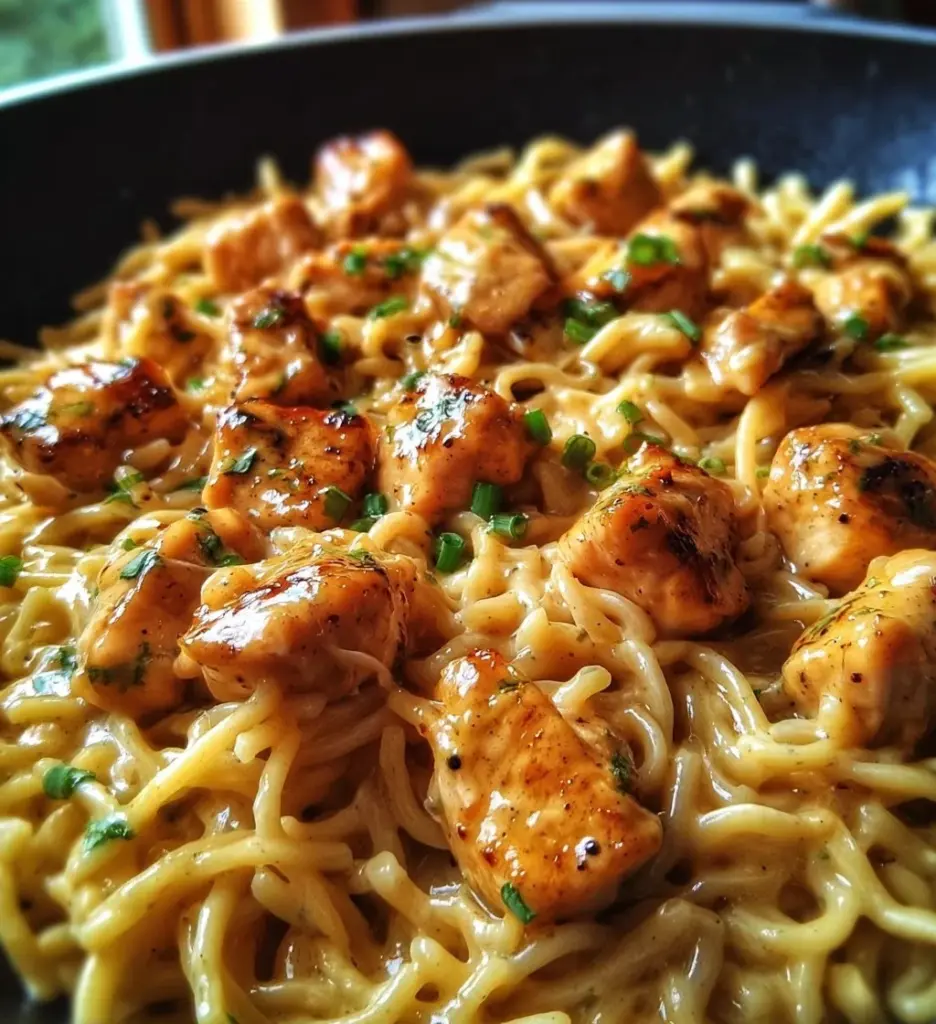 Smoky white cheddar honey butter chicken pasta skillet ready to serve.