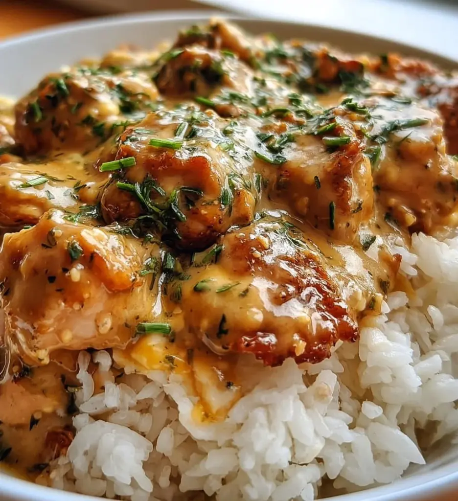 Delicious smothered chicken served with rice in a creamy sauce