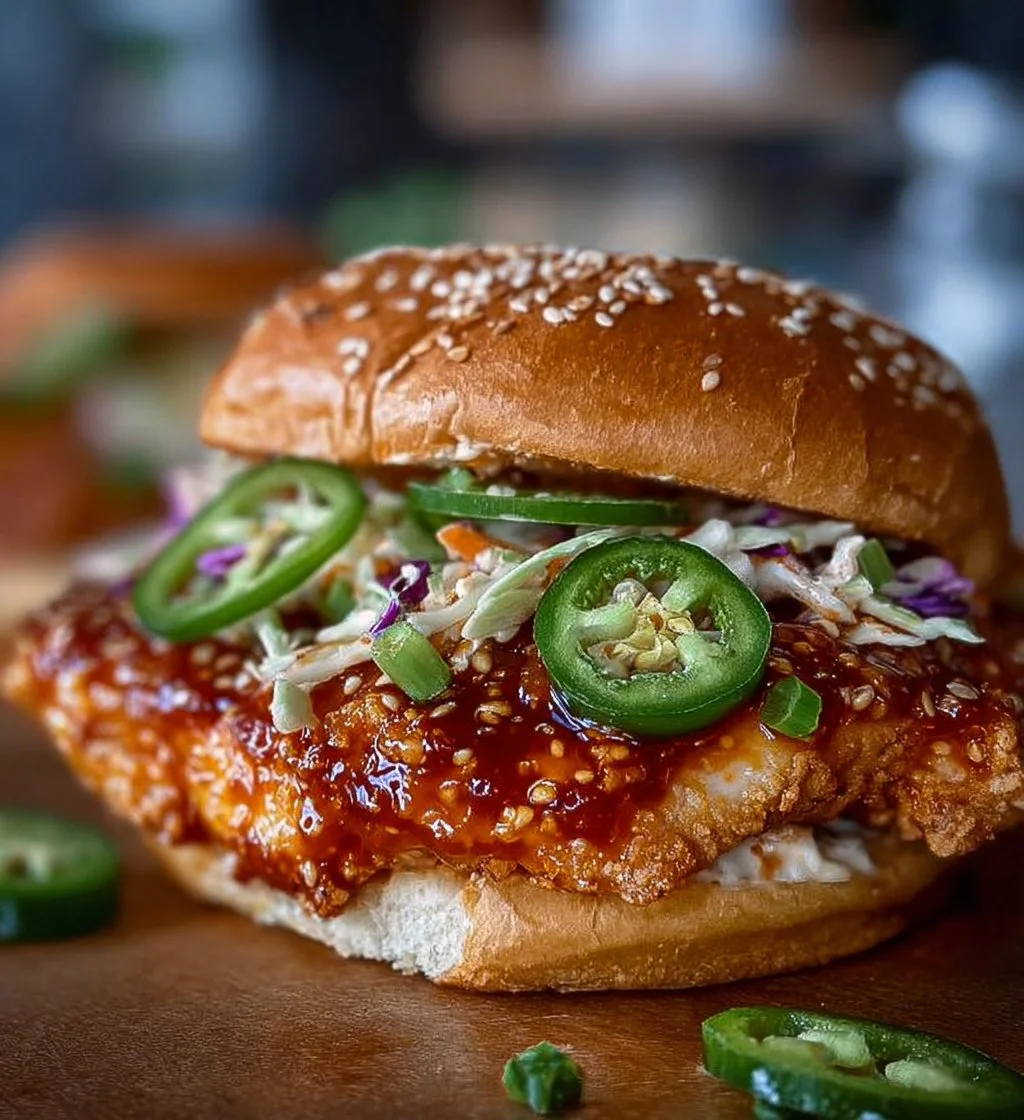 Spicy Bang Bang Chicken Sandwich with vibrant toppings and sauces