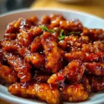 Plate of spicy dragon chicken garnished with fresh herbs and chilies