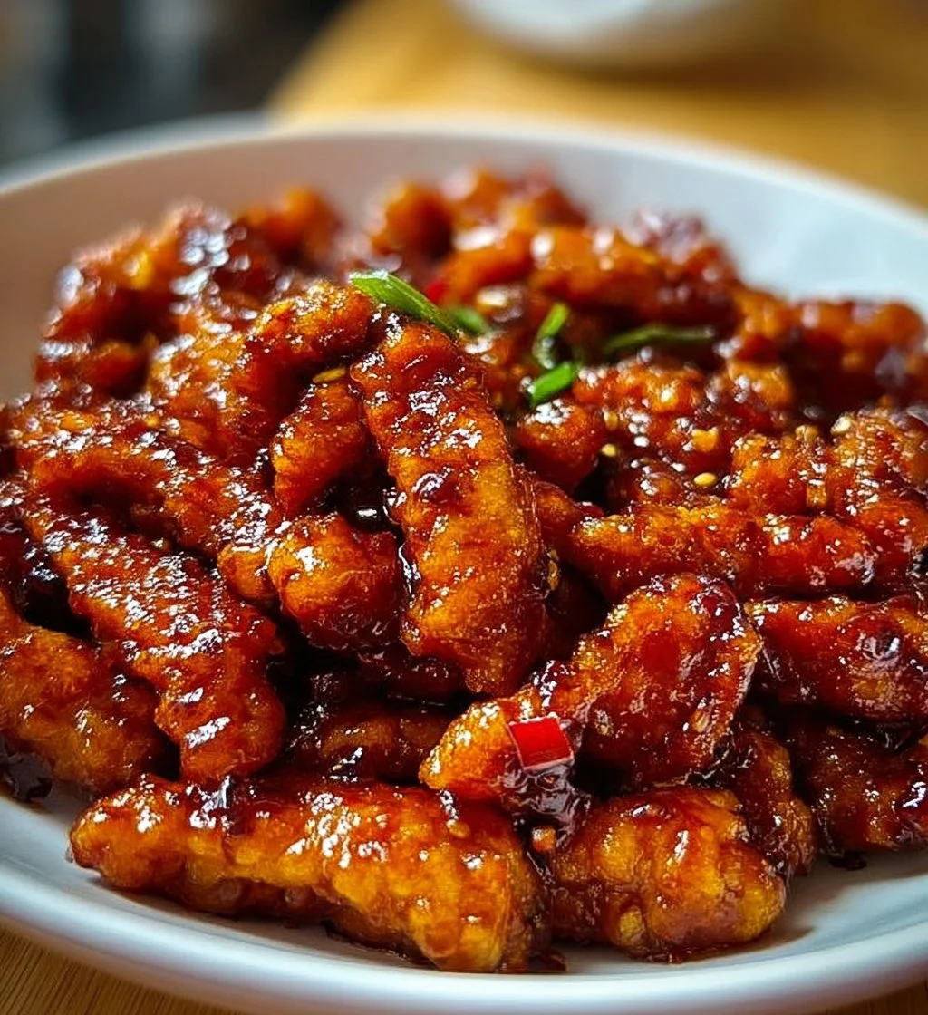 Plate of spicy dragon chicken garnished with fresh herbs and chilies