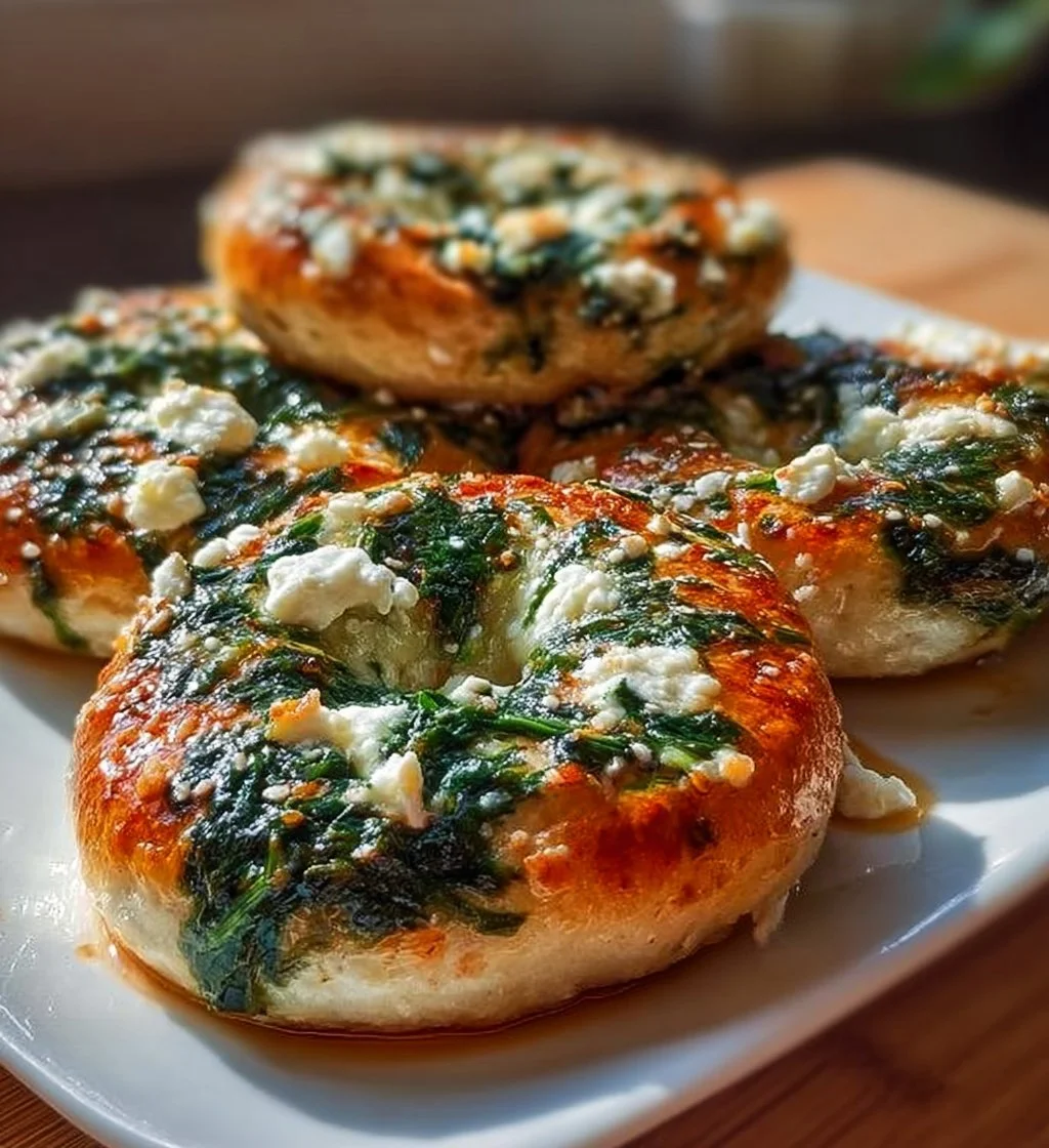 Spinach Cottage Cheese Flat Bagels garnished with herbs and spices