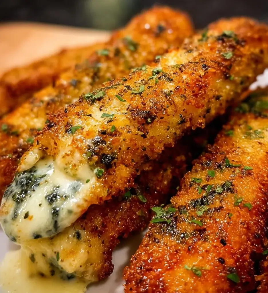 Crispy spinach dip mozzarella sticks with creamy filling served on a platter