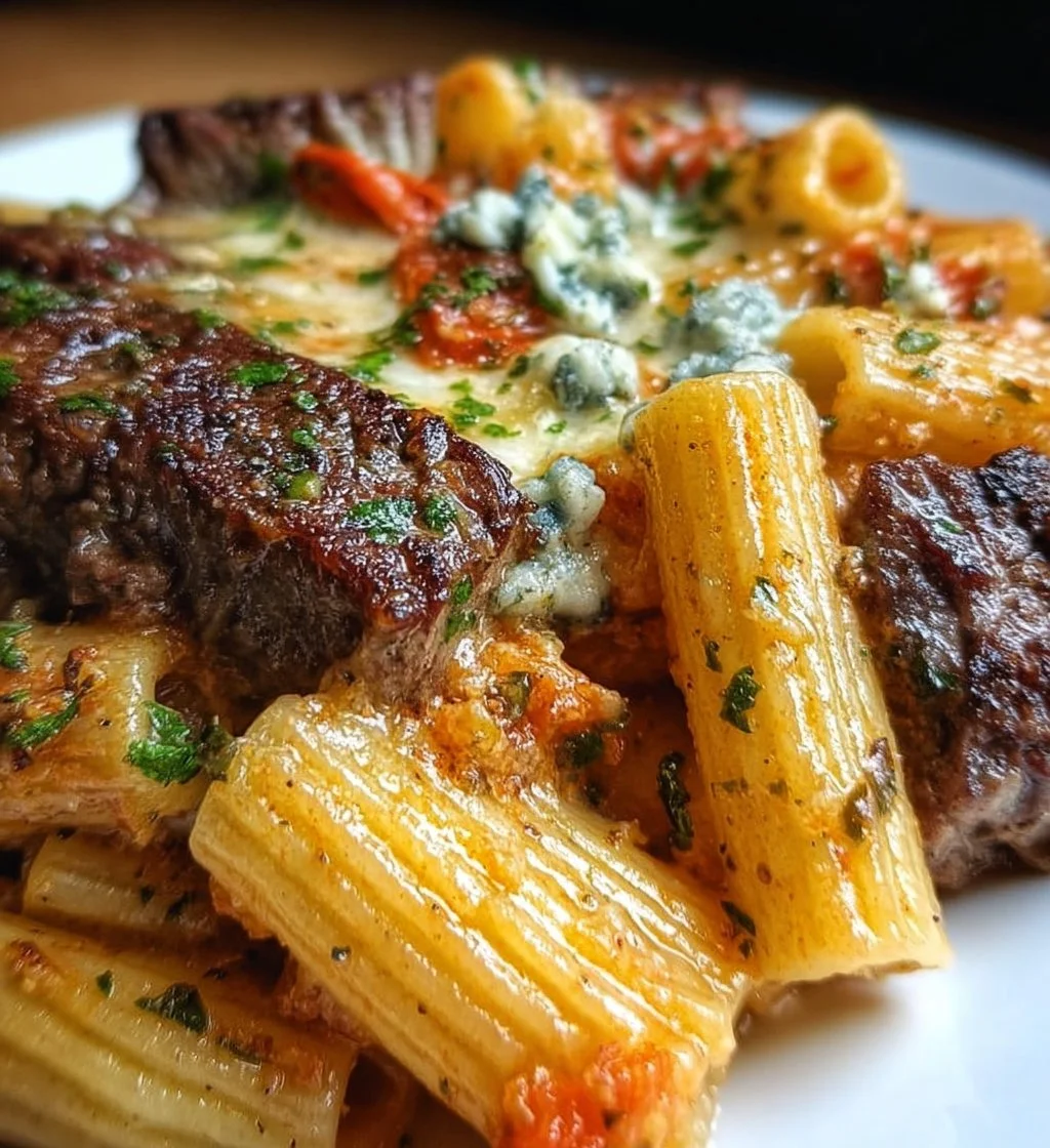 Delicious Steak and Blue Cheese Rigatoni Bake served in a rustic dish