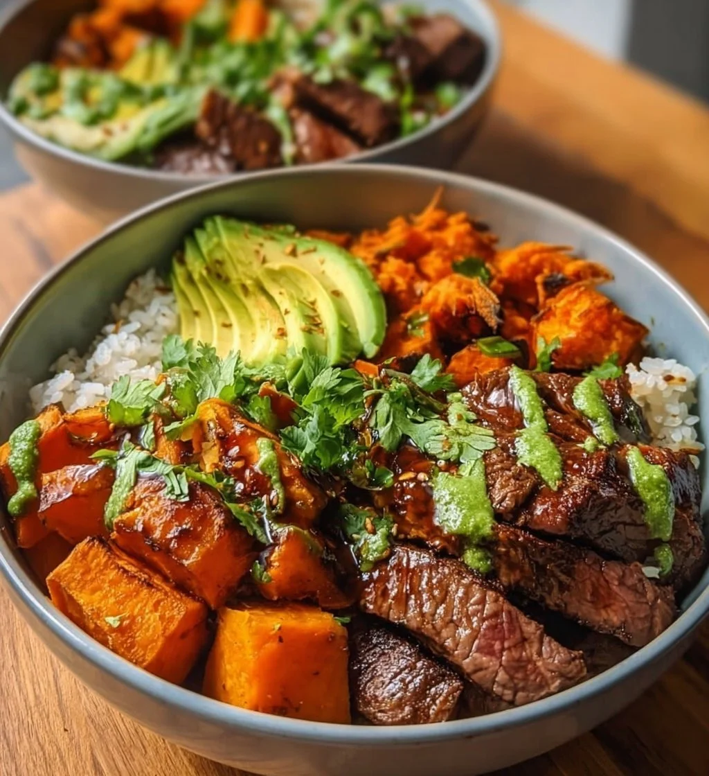 Steak and sweet potato bowl topped with avocado-cilantro drizzle