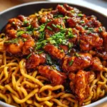 Delicious sticky garlic chicken noodles served in a bowl with green onions