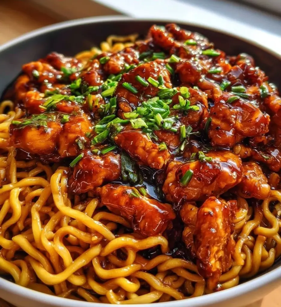 Delicious sticky garlic chicken noodles served in a bowl with green onions