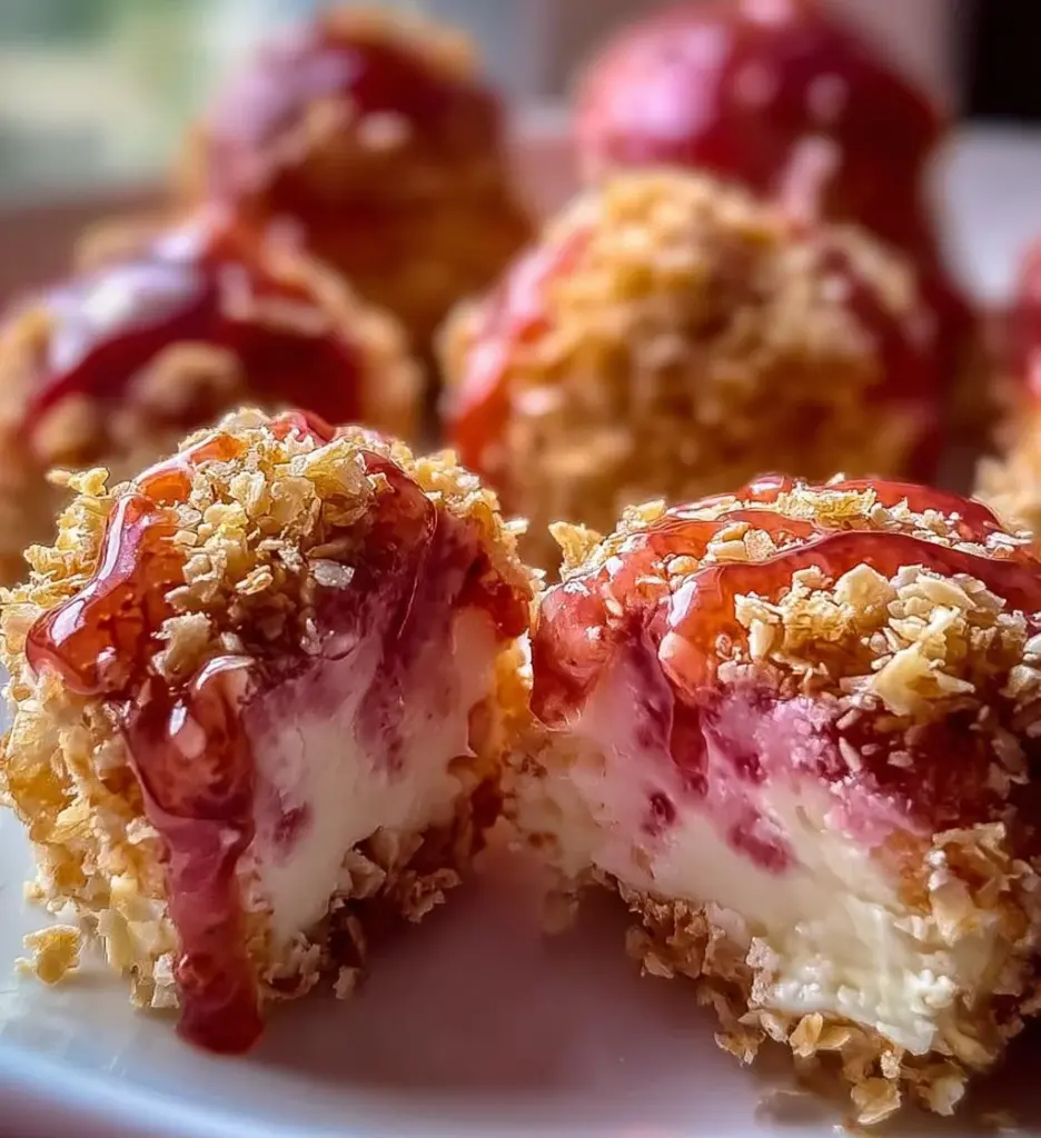 Delicious strawberry crunch cheesecake bites served on a platter