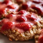 Strawberry iced oatmeal cookies on a plate with fresh strawberries.