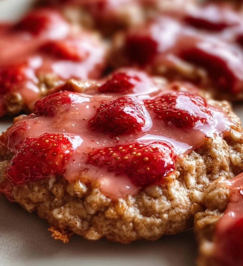 Strawberry iced oatmeal cookies on a plate with fresh strawberries.