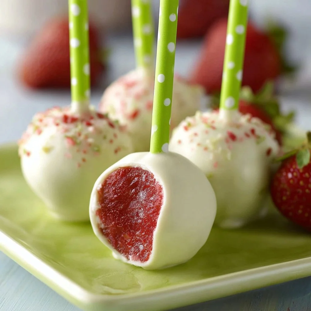 Strawberry Shortcake Cake Pops decorated with strawberries and whipped cream