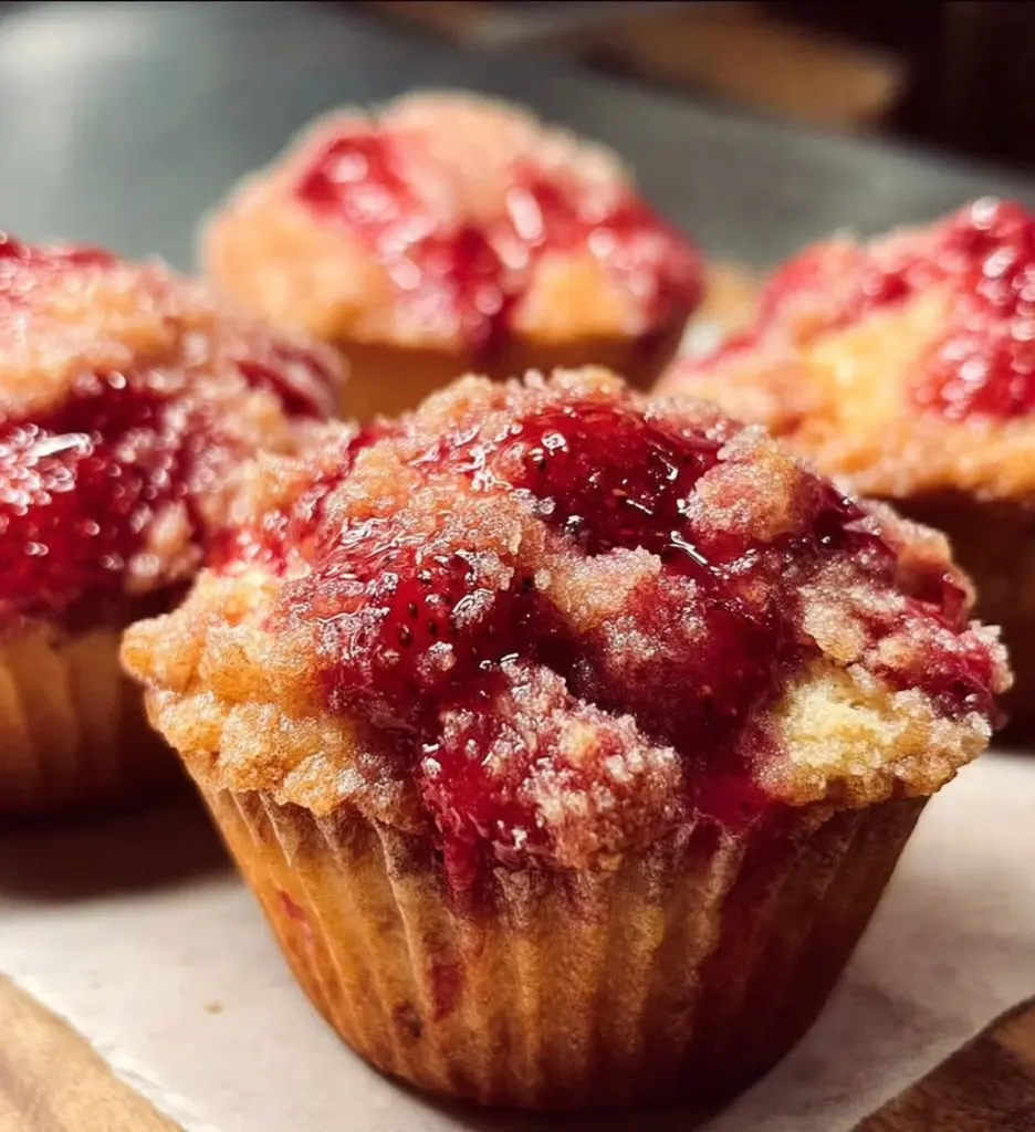 Freshly baked Strawberry Shortcake Muffins with strawberries on top.