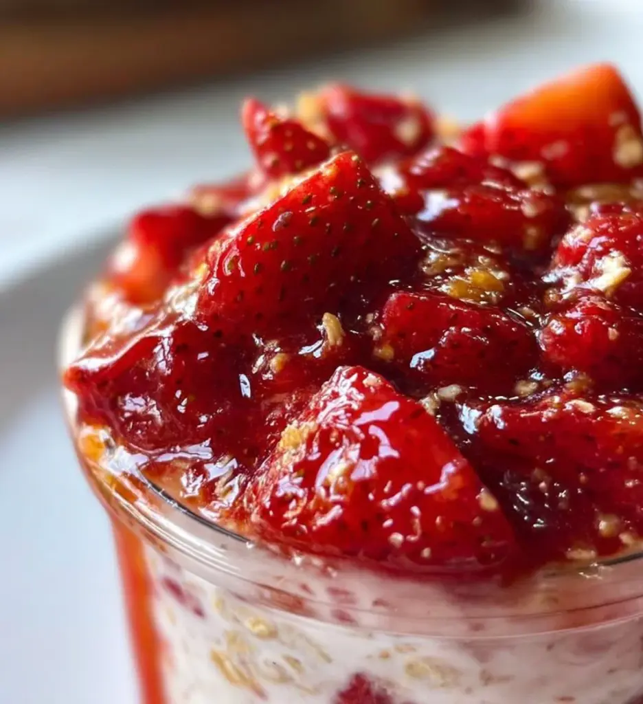 Bowl of strawberry shortcake overnight oats topped with fresh strawberries