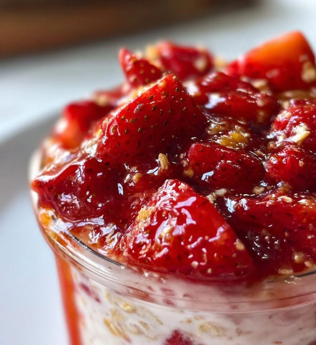 Bowl of strawberry shortcake overnight oats topped with fresh strawberries