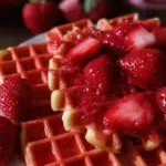 Delicious strawberry waffles topped with fresh strawberries and syrup