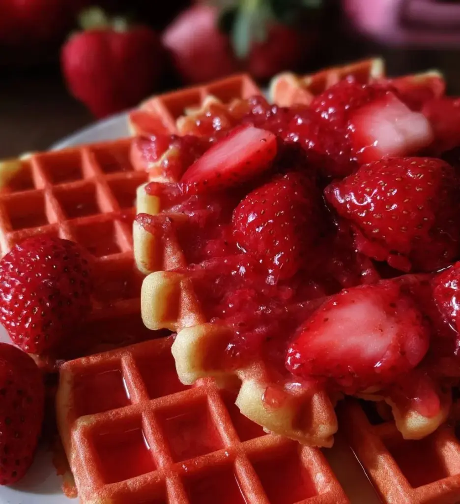 Delicious strawberry waffles topped with fresh strawberries and syrup