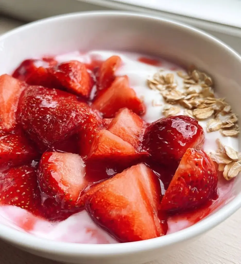 Delicious strawberry yogurt bowl topped with fresh strawberries and granola.