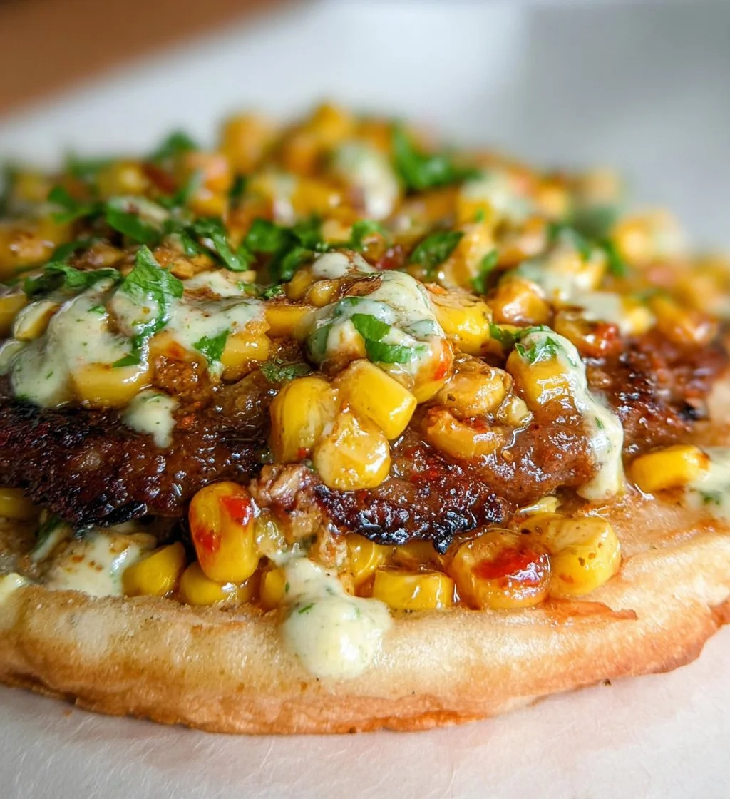 Delicious street corn smash burger tacos served on a plate.