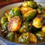 Sweet Chili Roasted Brussels Sprouts garnished with sesame seeds
