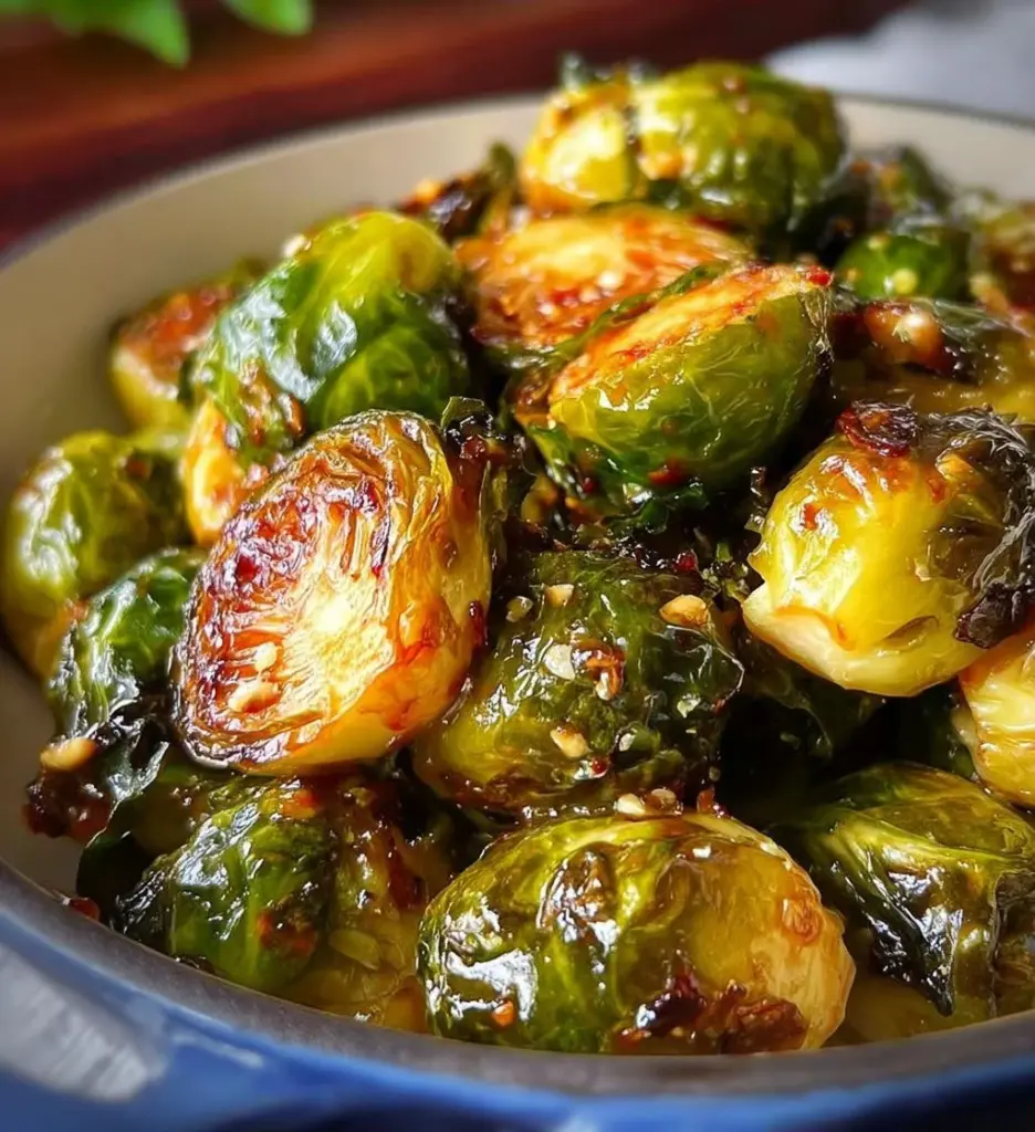 Sweet Chili Roasted Brussels Sprouts garnished with sesame seeds