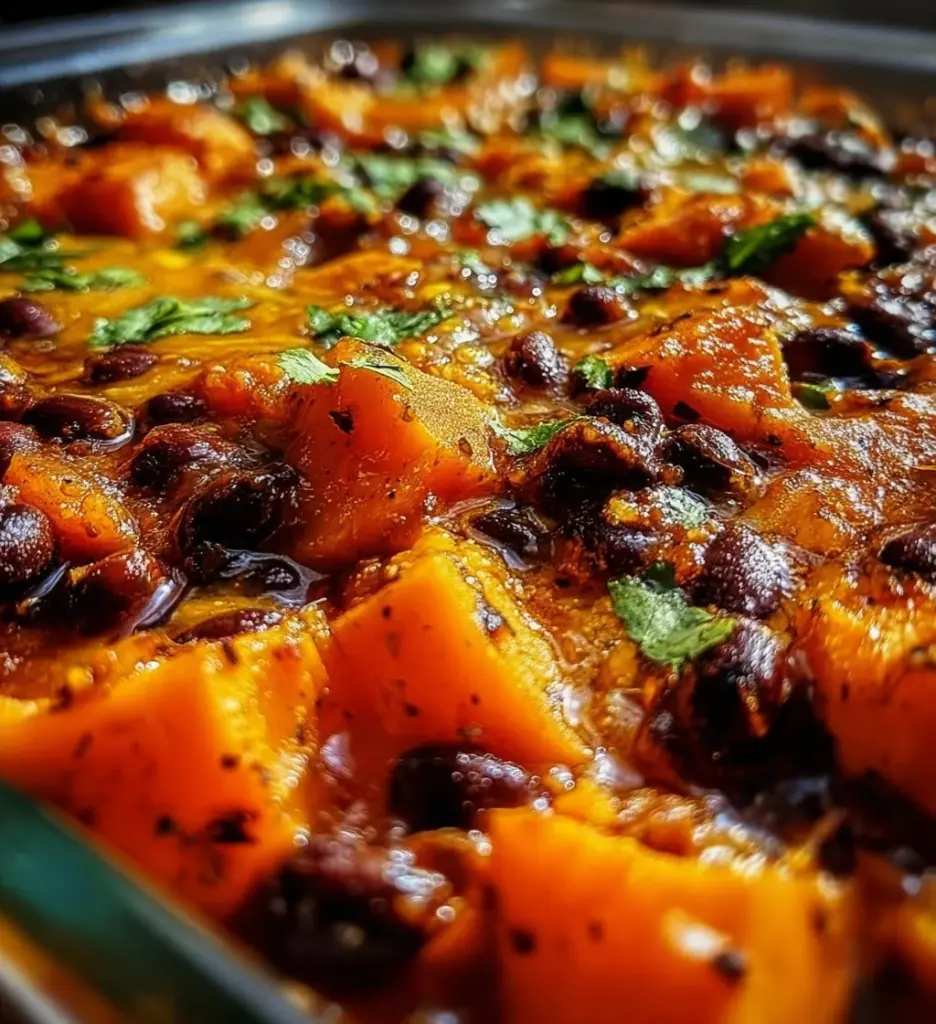 Delicious sweet potato and black bean casserole baked to perfection.