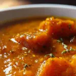 Bowl of creamy sweet potato bisque garnished with herbs