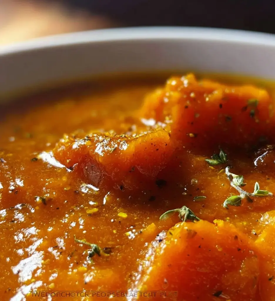 Bowl of creamy sweet potato bisque garnished with herbs