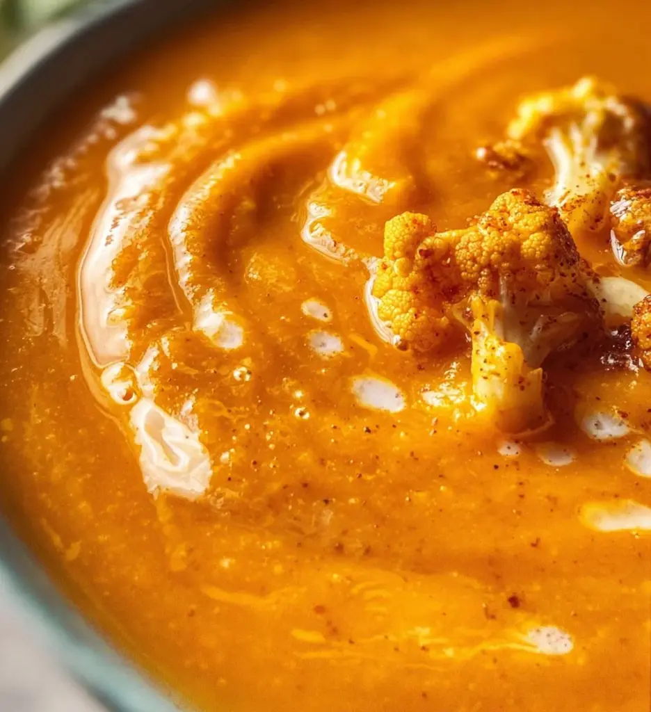 Bowl of creamy sweet potato cauliflower soup garnished with herbs
