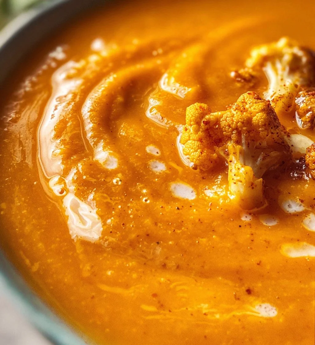 Bowl of creamy sweet potato cauliflower soup garnished with herbs