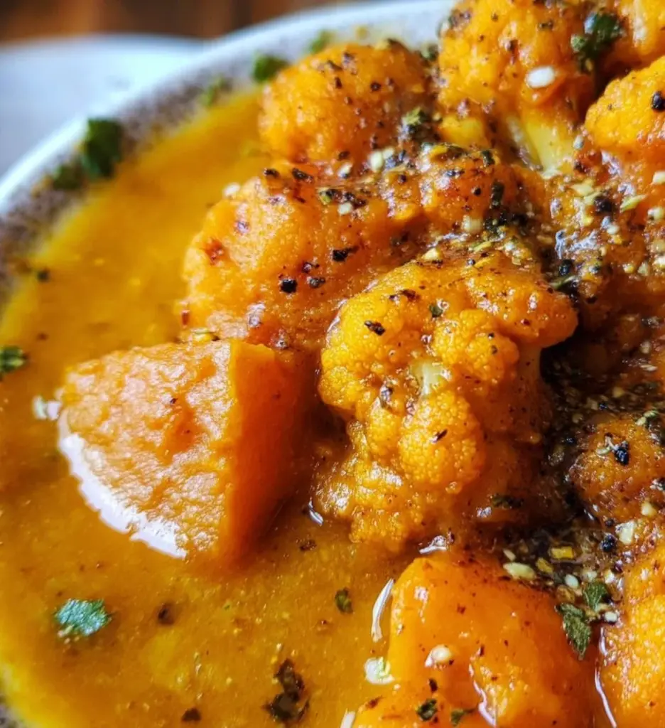 Delicious sweet potato cauliflower soup garnished with fresh herbs.