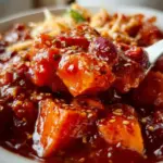 Bowl of hearty Sweet Potato Chili garnished with fresh herbs