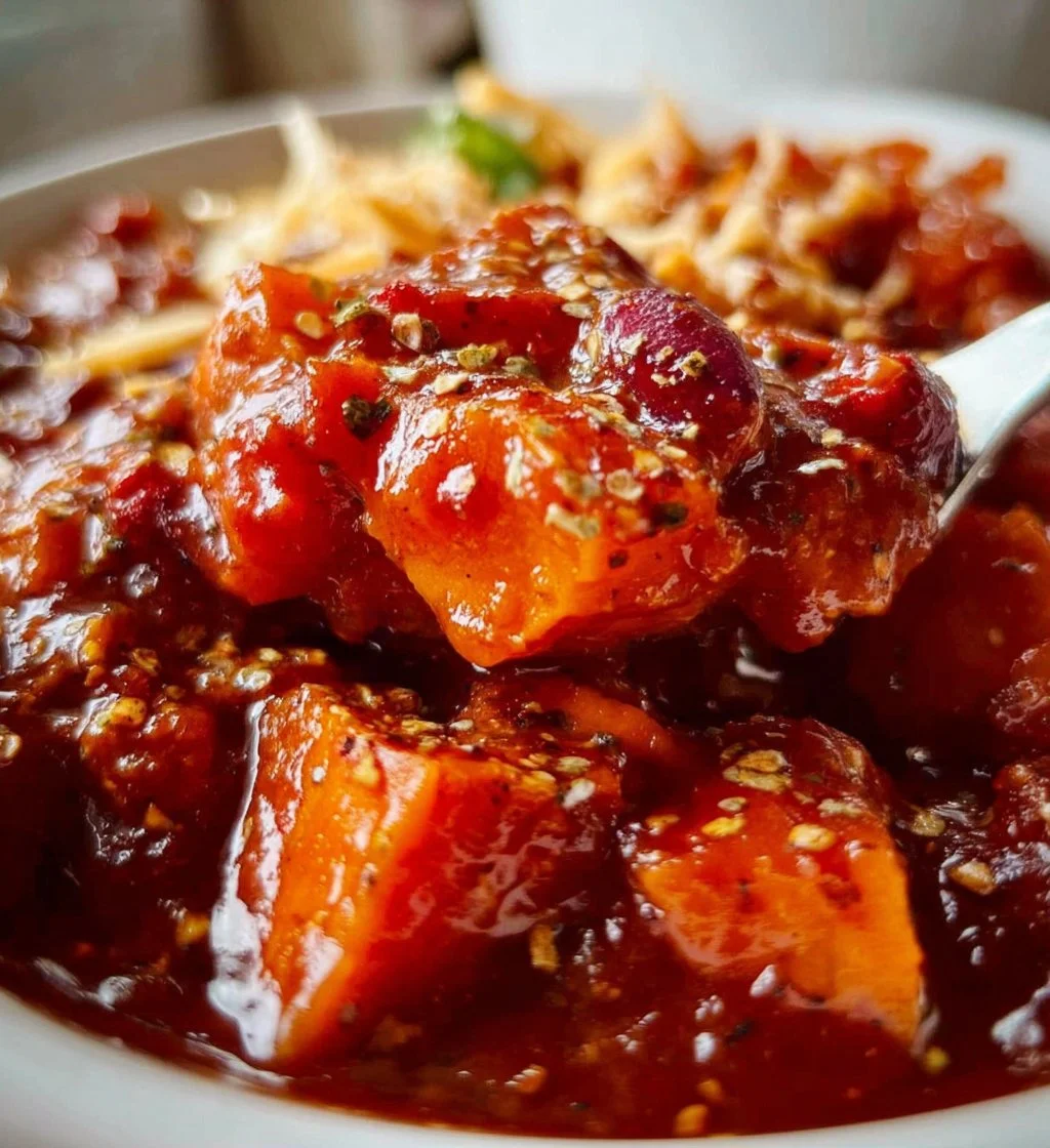 Bowl of hearty Sweet Potato Chili garnished with fresh herbs