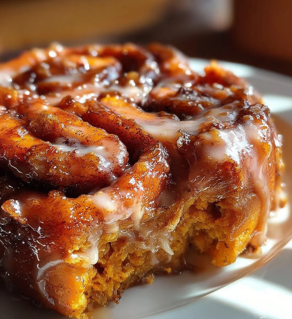 Sweet Potato Cinnamon Roll Cake served on a plate with cinnamon sprinkles