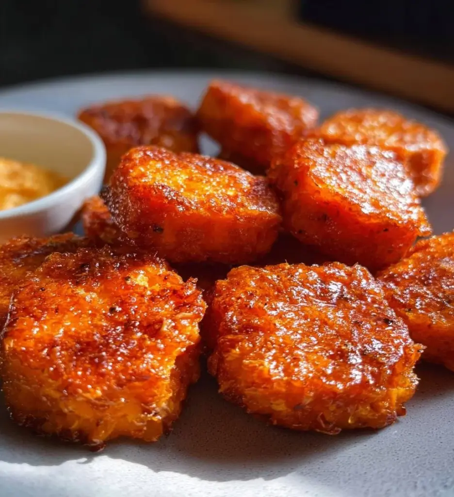 Delicious sweet potato nuggets served on a plate with dipping sauce